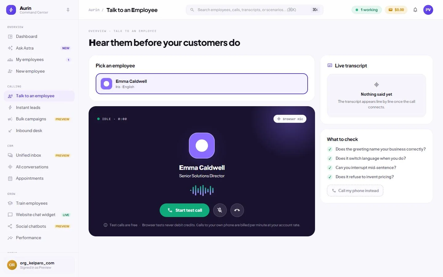 Talk to an employee, captured from the running product