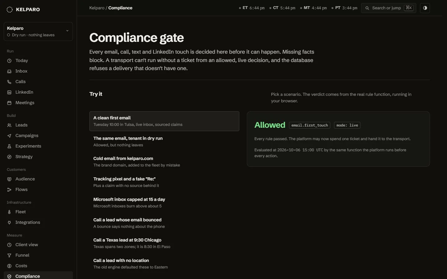 Compliance gate, captured from the running product